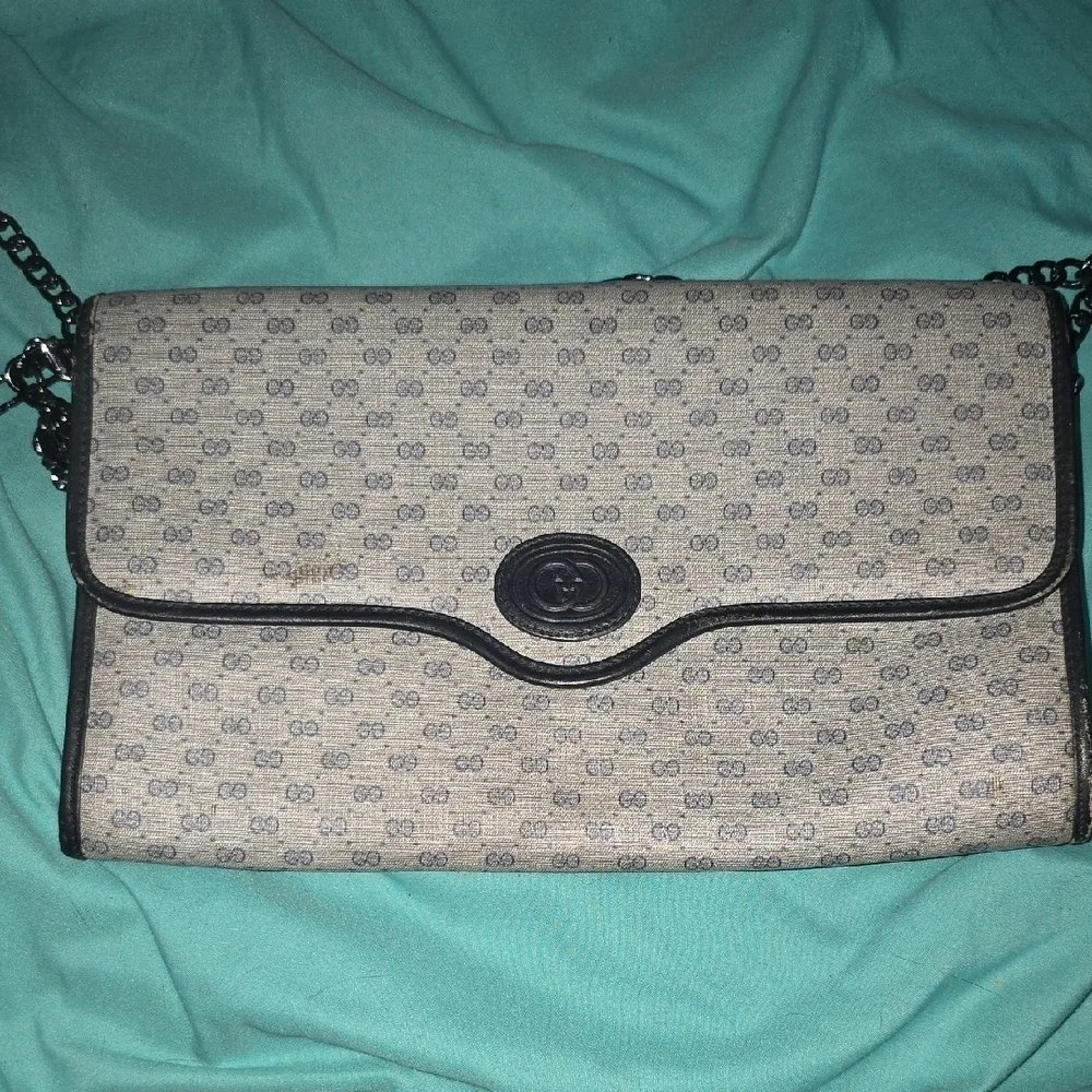 Early 2000s Gucci Gray And Navy Clutch With Added Metal Strap